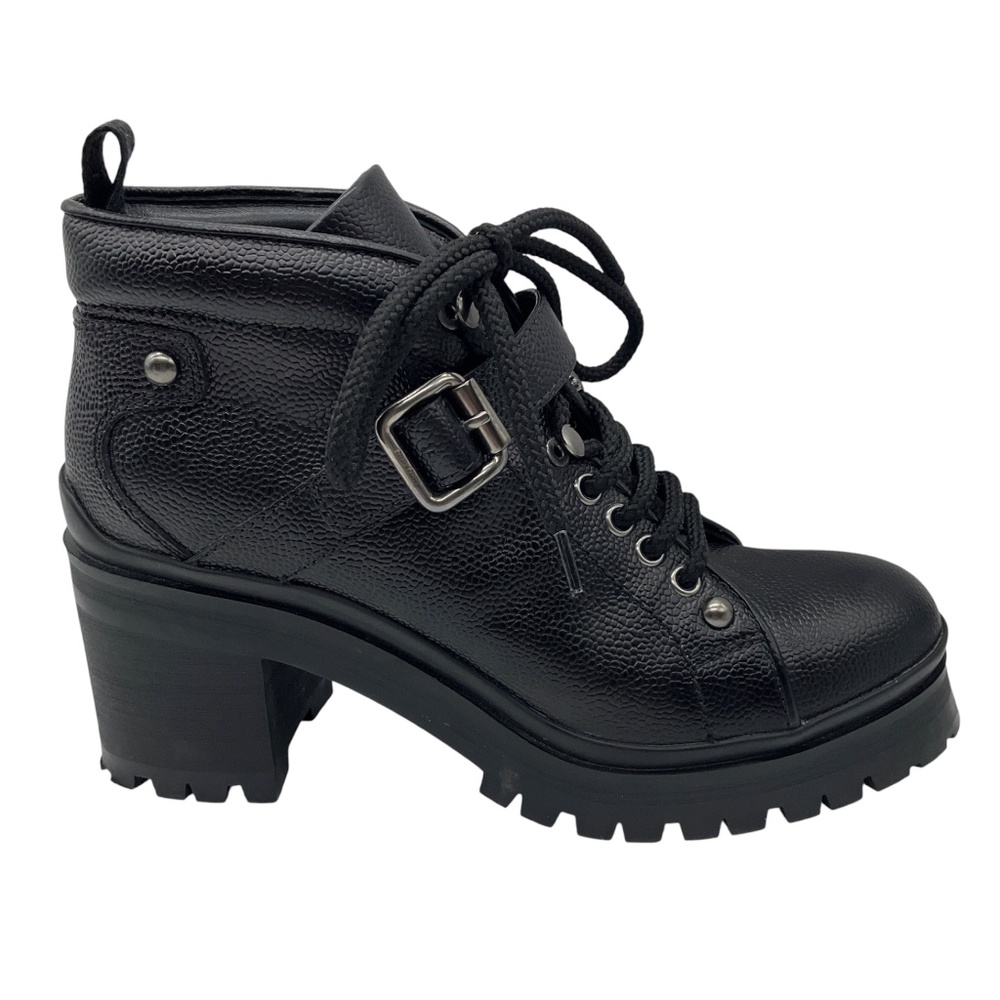 MIU MIU BLACK LACE UP GRAINED LEATHER HEELED BIKER ANKLE BOOTS - Picture 2 of 9